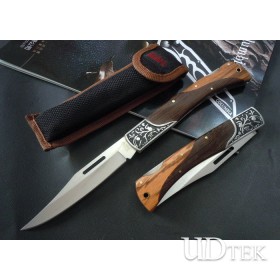 Carve Patterns Wood Handle Folding Knife Stainless Steel Knife with Nylon Sheath UDTEK01389